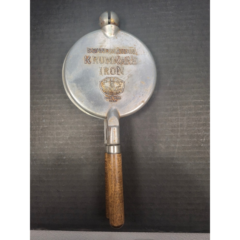 Vintage Nordic Ware Scandinavian Krumkake Iron Wood Handle Aluminum Waffle Maker